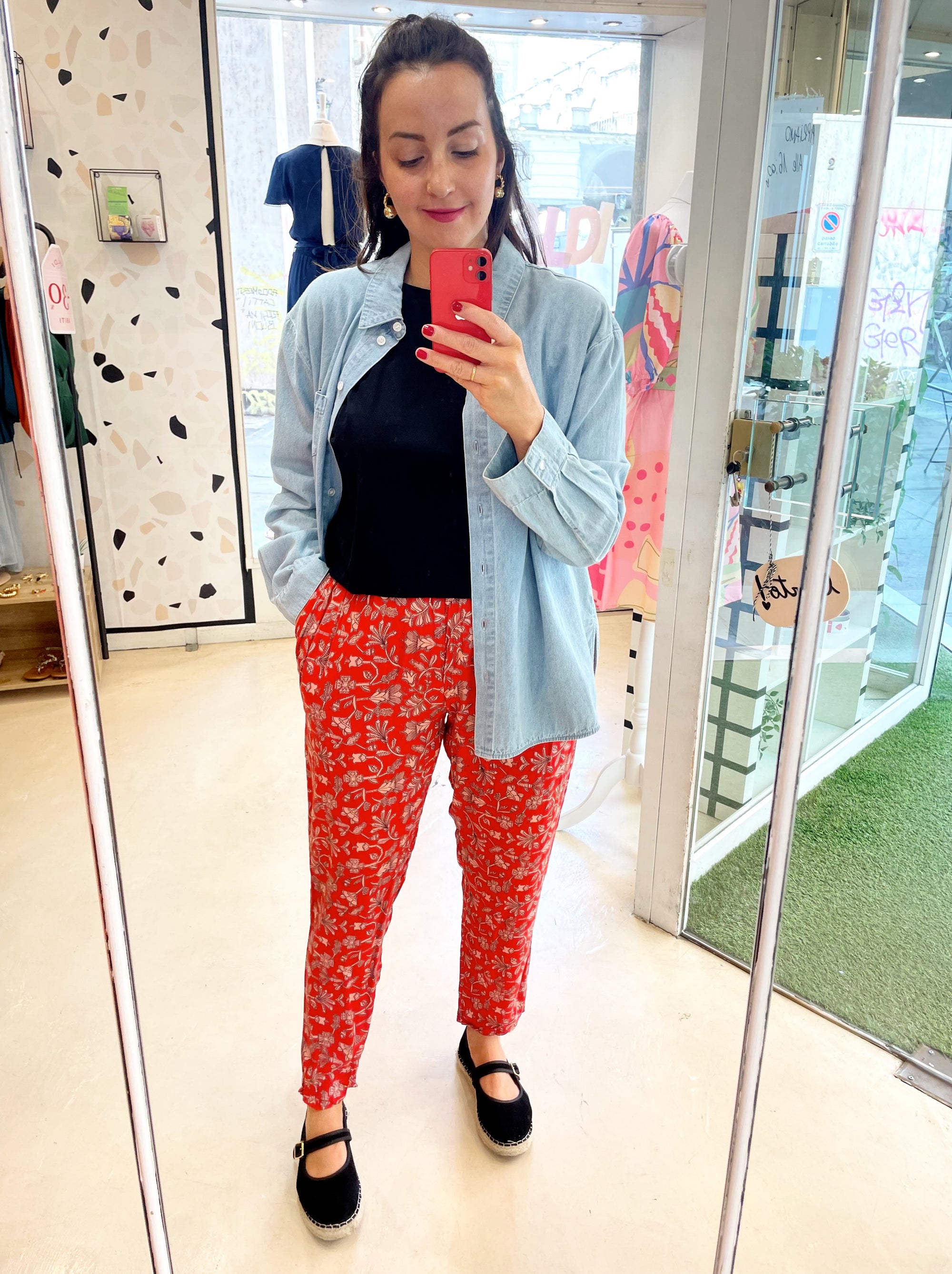 PANTALONE FIORI ROSSI