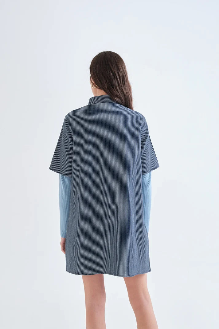 ABITO CORTO IN DENIM A RIGHE BLU E BIANCHE