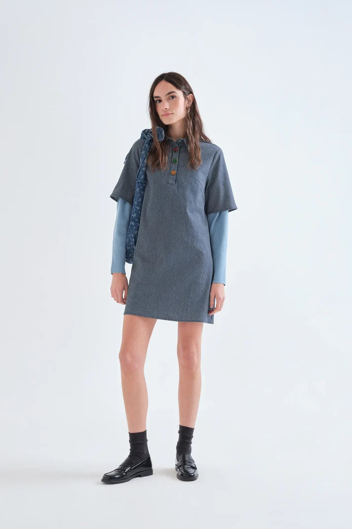 ABITO CORTO IN DENIM A RIGHE BLU E BIANCHE