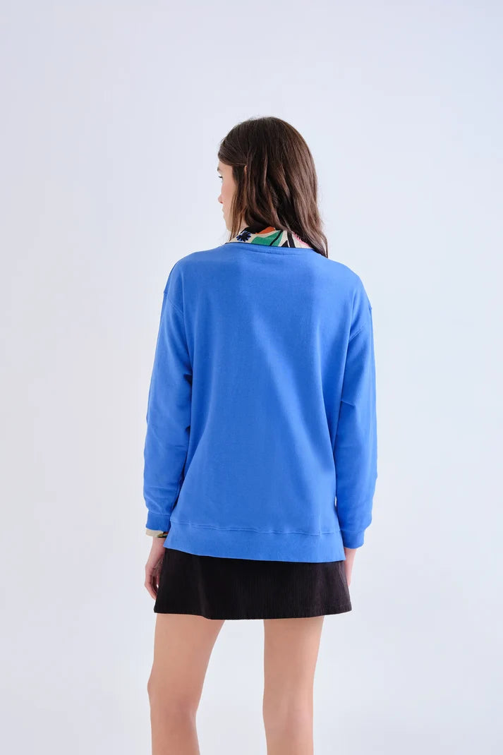 Felpa blu in cotone con patch floreale Neo Garden