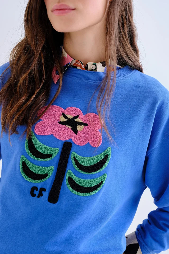 Felpa blu in cotone con patch floreale Neo Garden