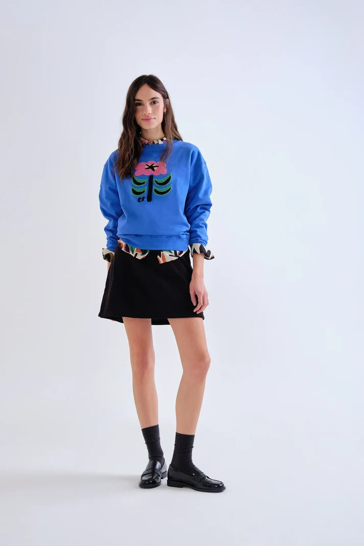 Felpa blu in cotone con patch floreale Neo Garden