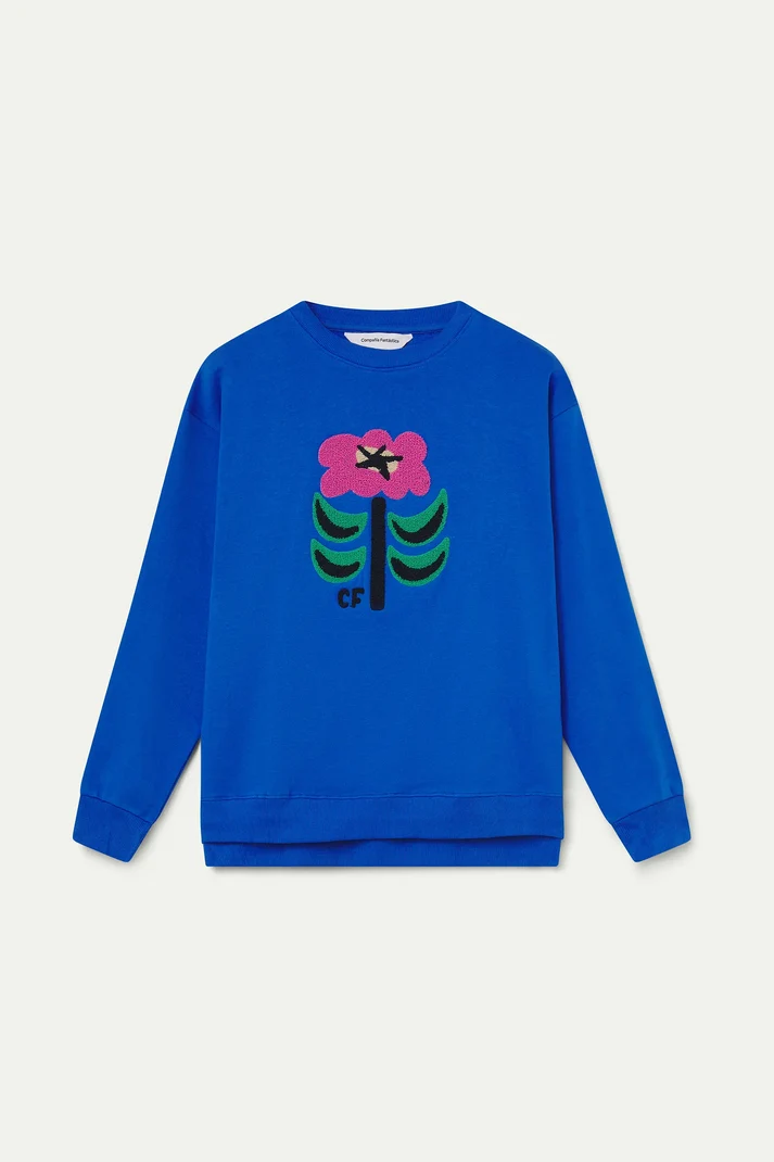 Felpa blu in cotone con patch floreale Neo Garden