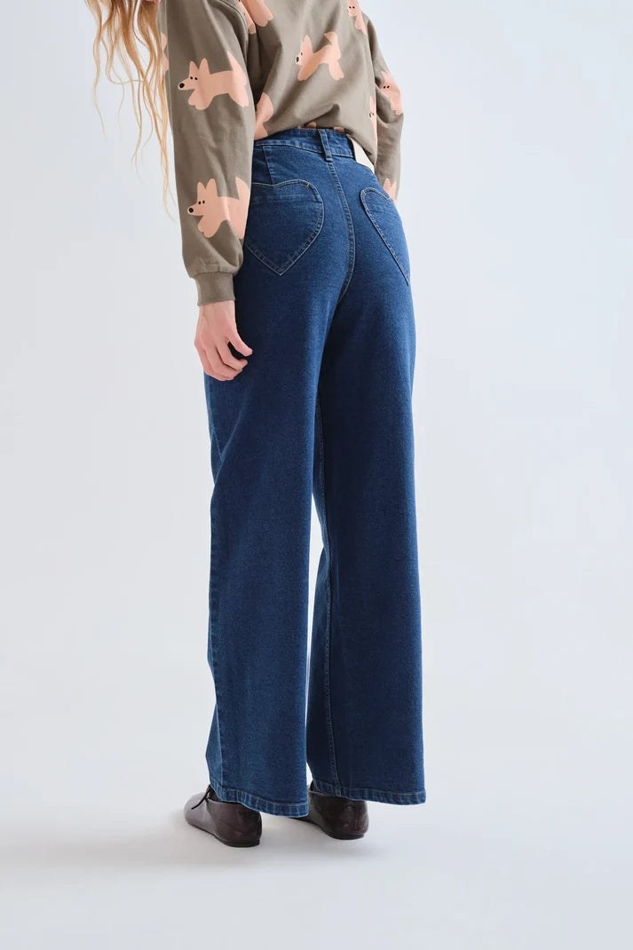 JEANS BLU SCURO A VITA ALTA CON TASCHE A CUORE