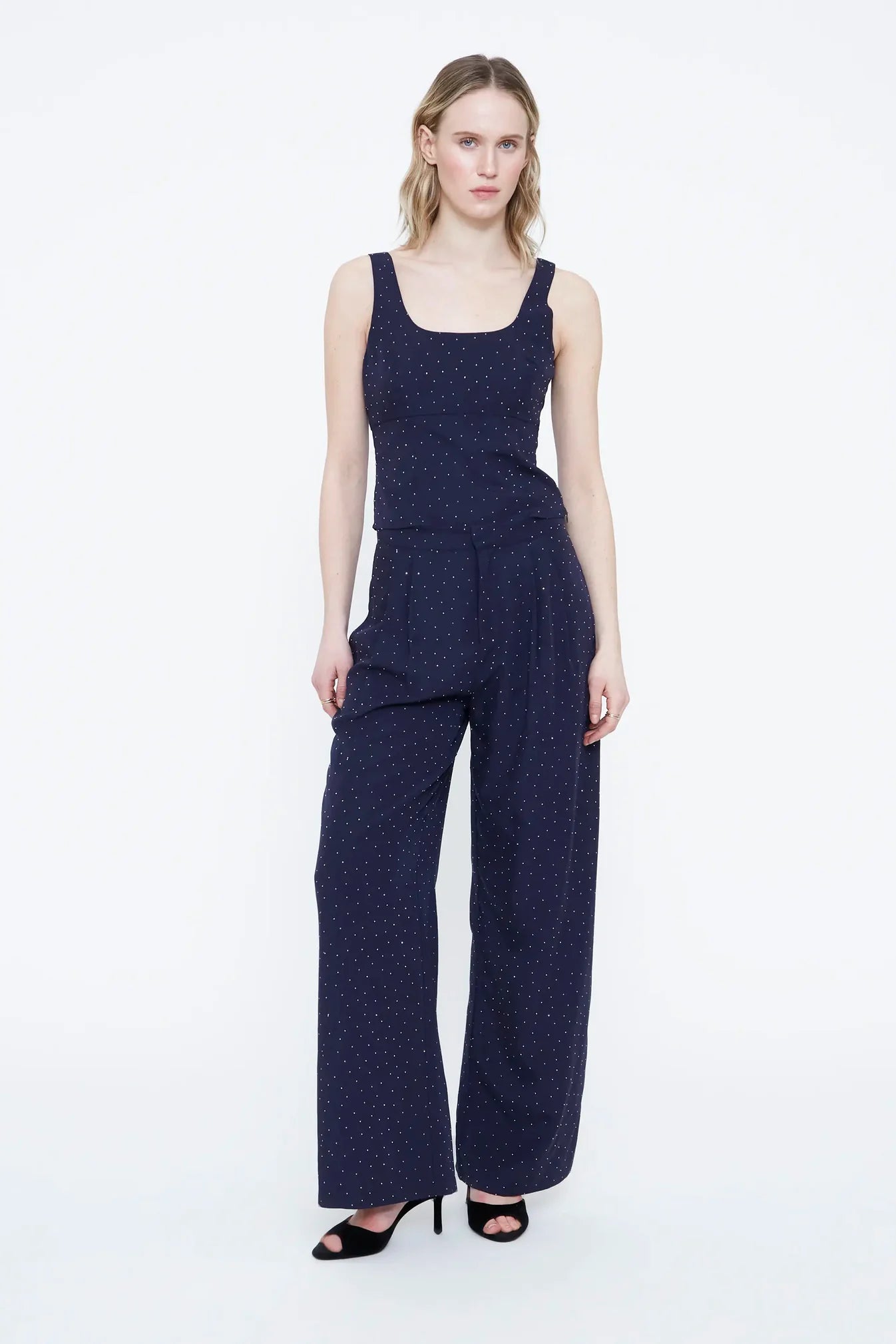 PANTALONI BLU NAVY IN CREPE CON APPLICAZIONI