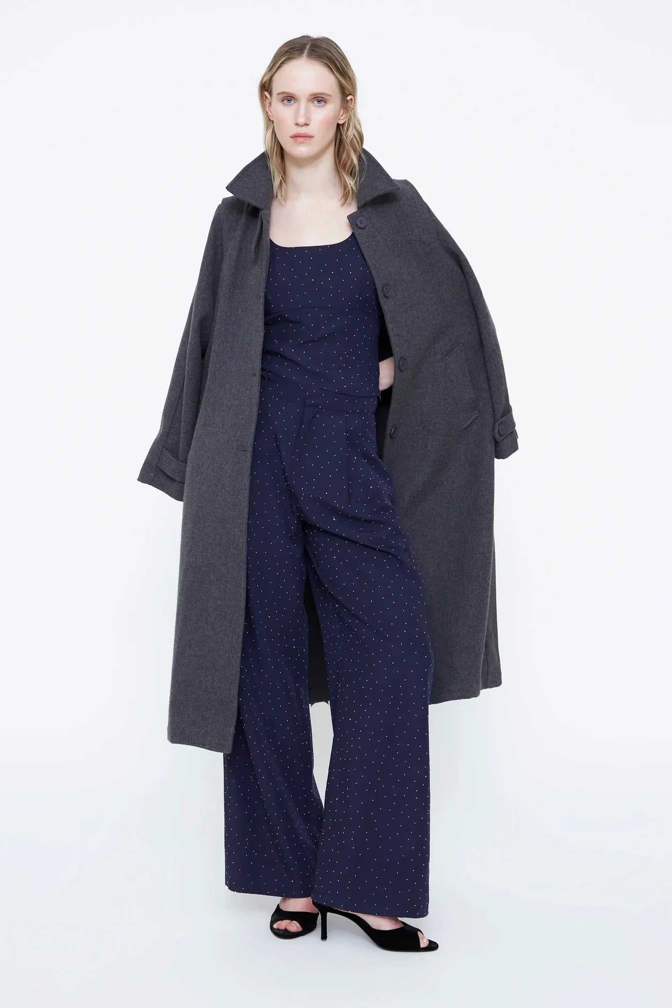 PANTALONI BLU NAVY IN CREPE CON APPLICAZIONI