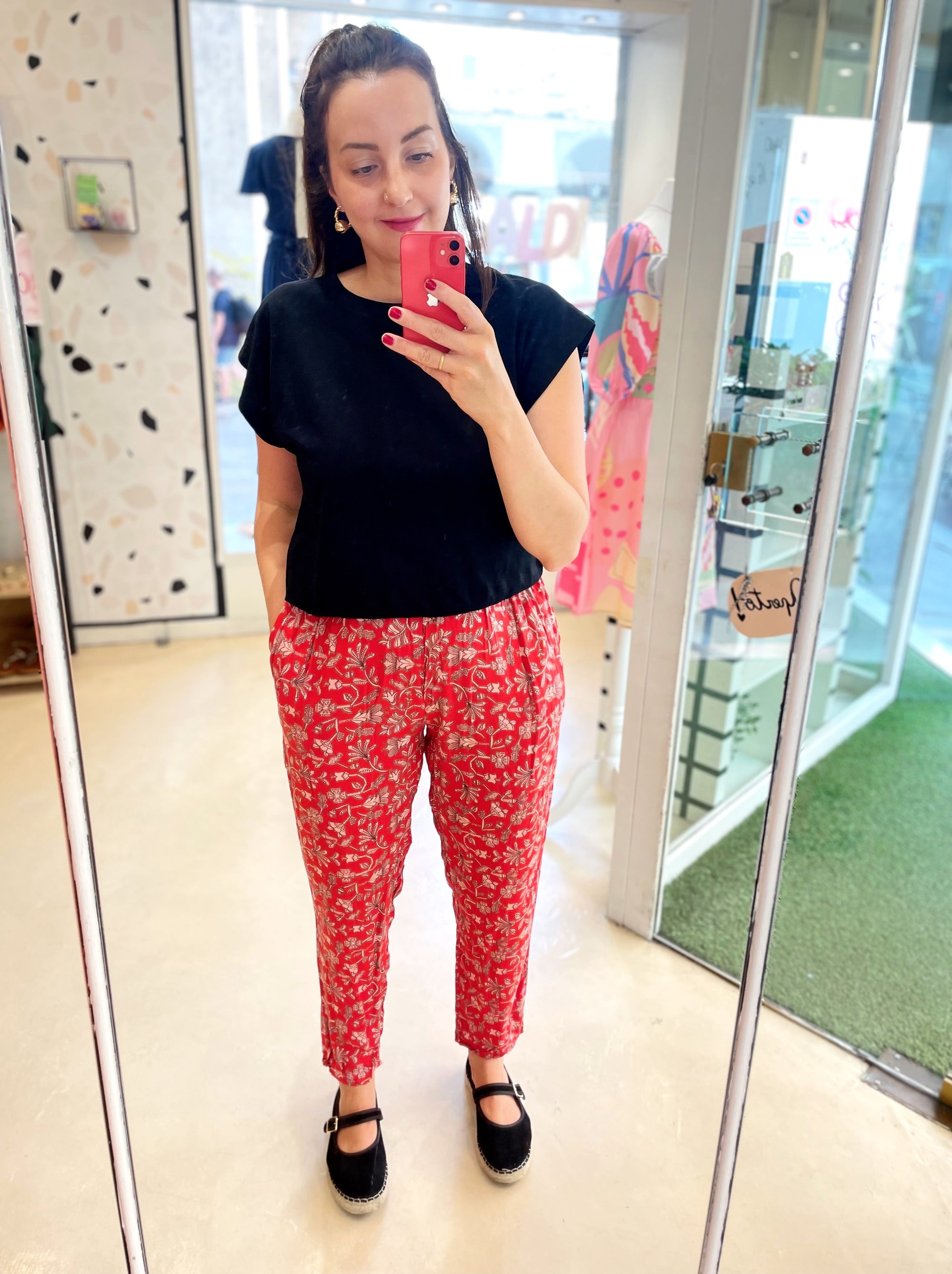 PANTALONE FIORI ROSSI