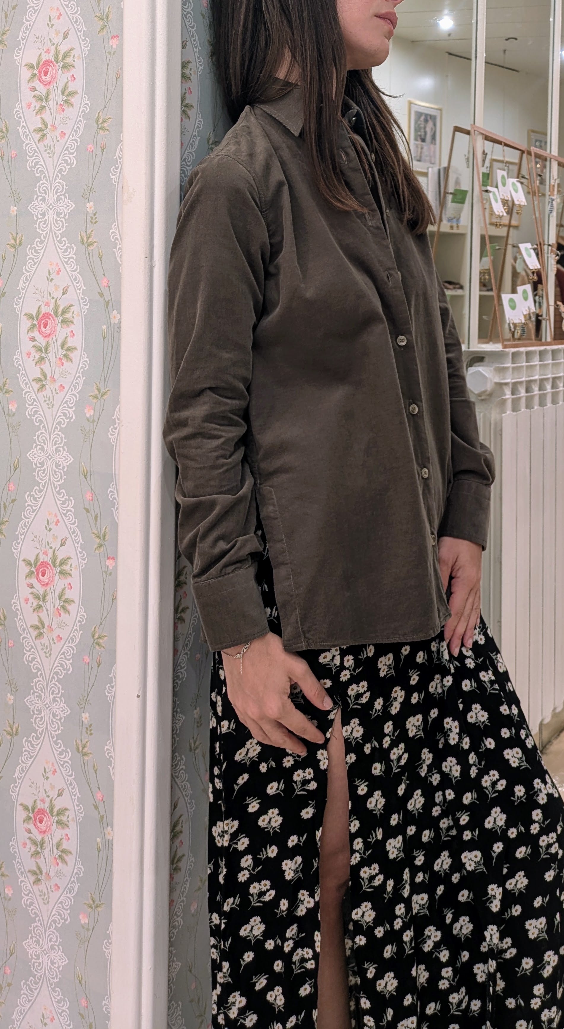 CAMICIA VERDE MILITARE/FANGO E CAMMELLO IN VELLUTO DI COTONE