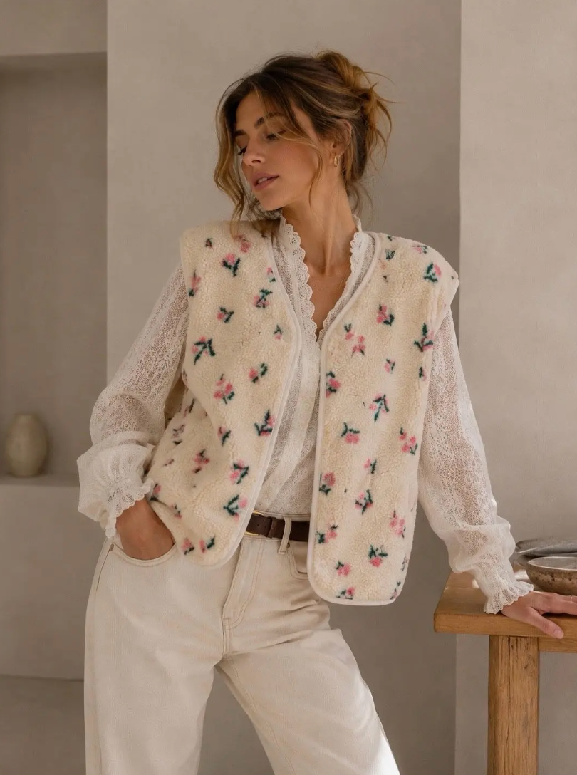 GILET SENZA MANICHE IN PELLICCIA SINTETICA CON STAMPA FLOREALE