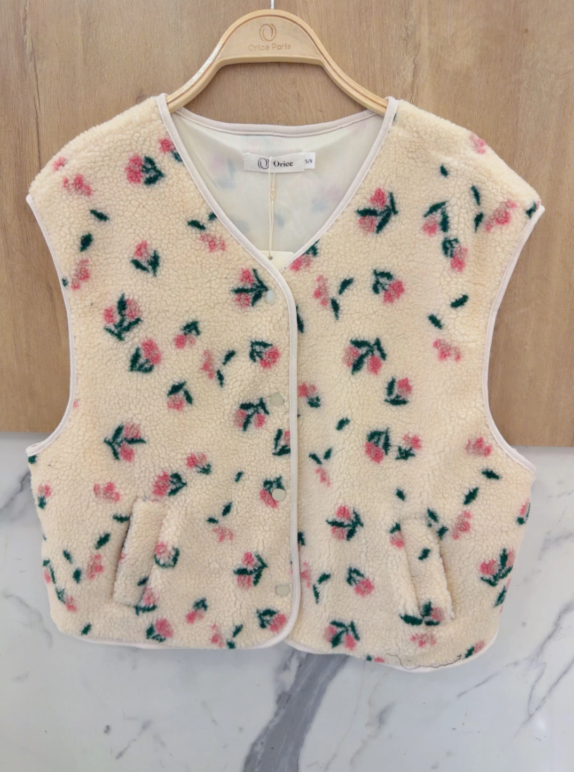 GILET SENZA MANICHE IN PELLICCIA SINTETICA CON STAMPA FLOREALE