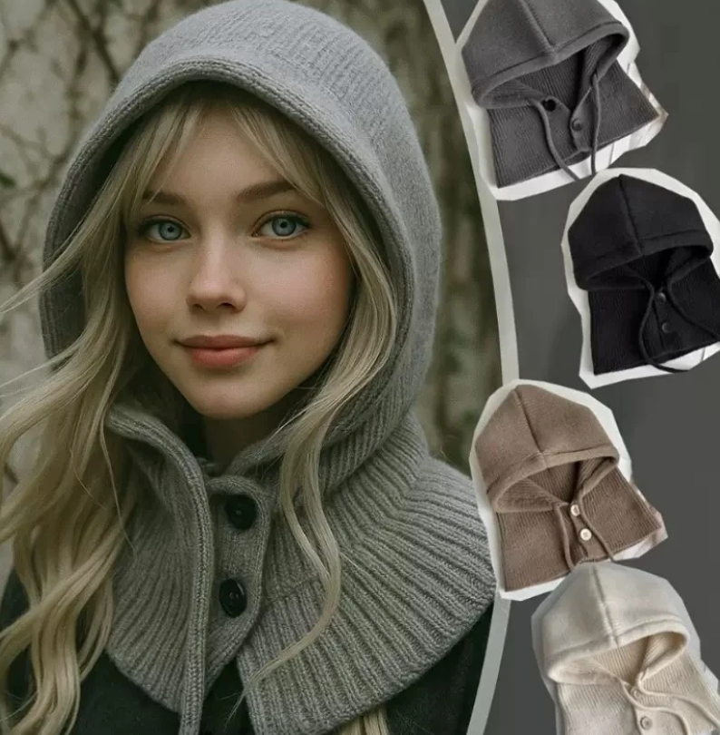 Collo con cappuccio in maglia a coste e bottoni