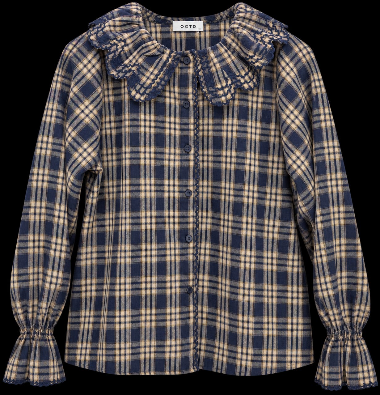 CAMICIA A QUADRI BLU E BEIGE CON COLLETTO IN PIZZO