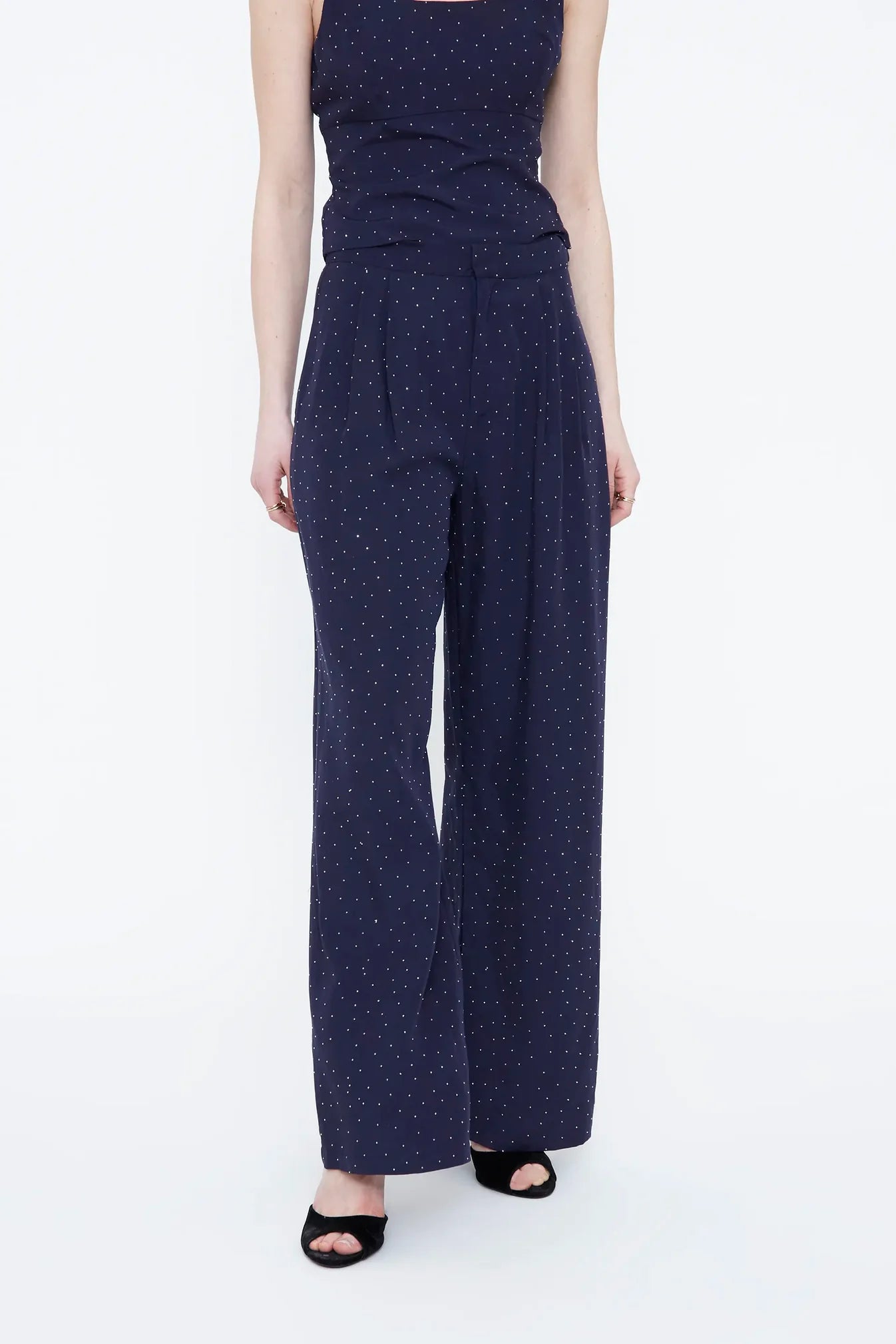 PANTALONI BLU NAVY IN CREPE CON APPLICAZIONI