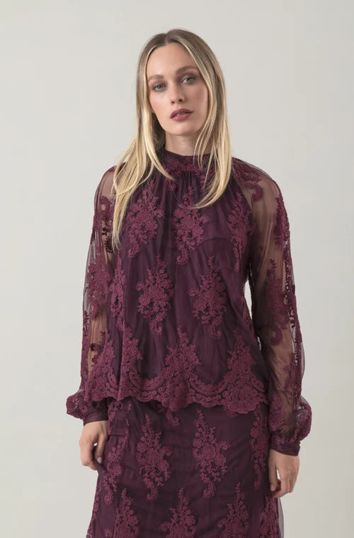 Blusa Luna in pizzo floreale con maniche a sbuffo