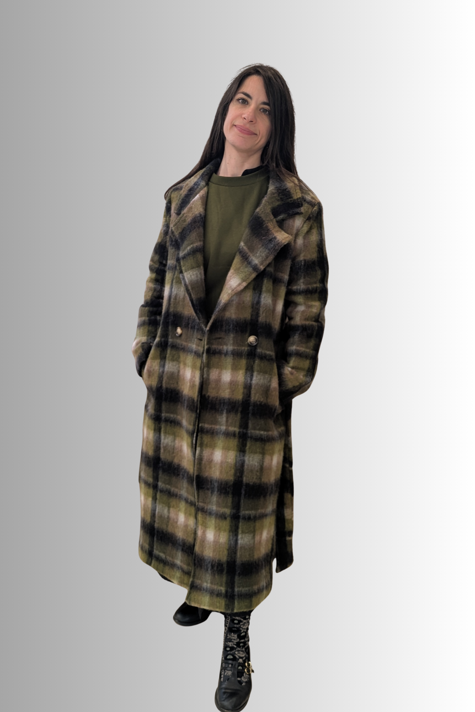 Cappotto lungo a quadri in misto lana con cintura