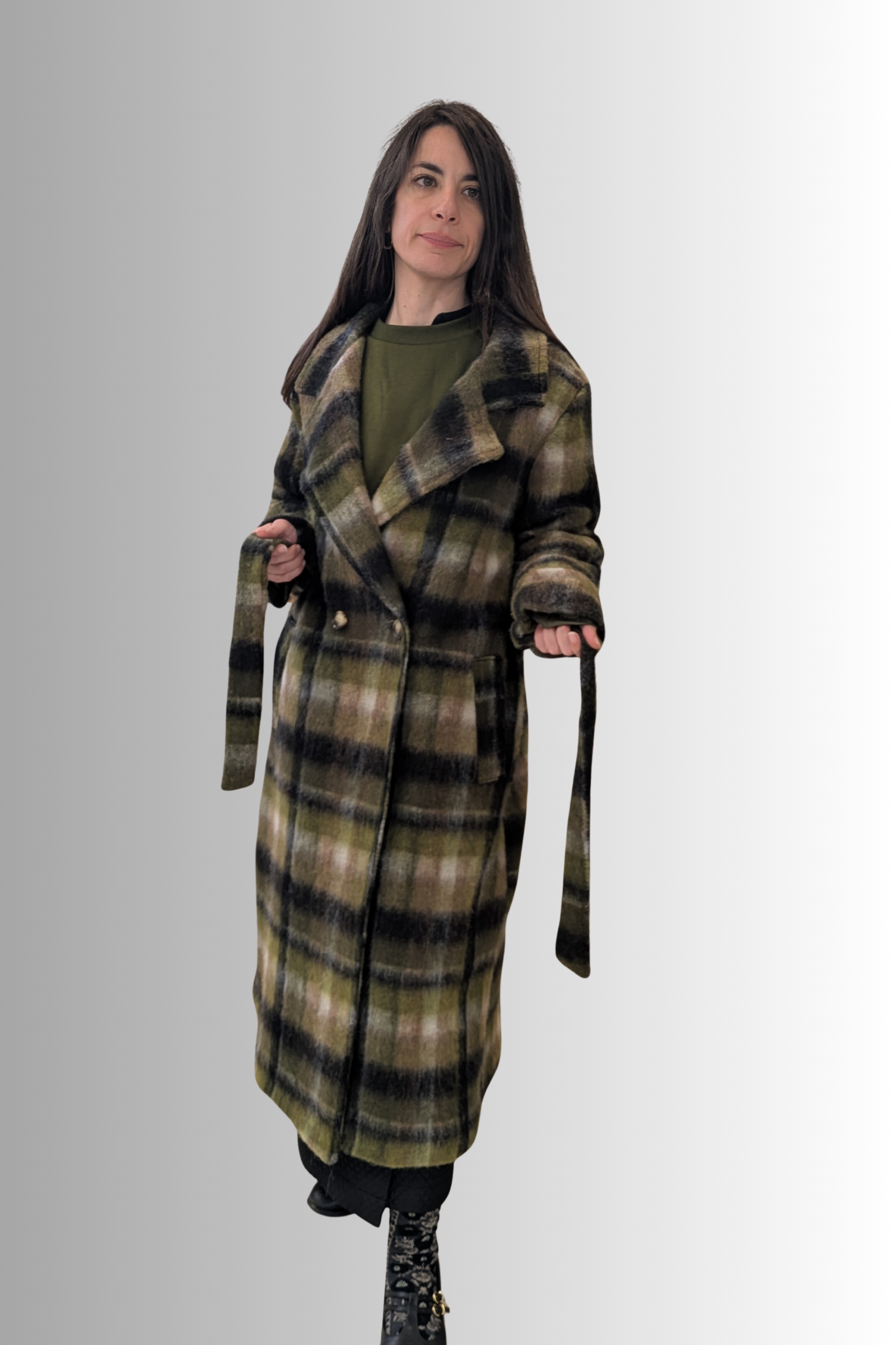 Cappotto lungo a quadri in misto lana con cintura