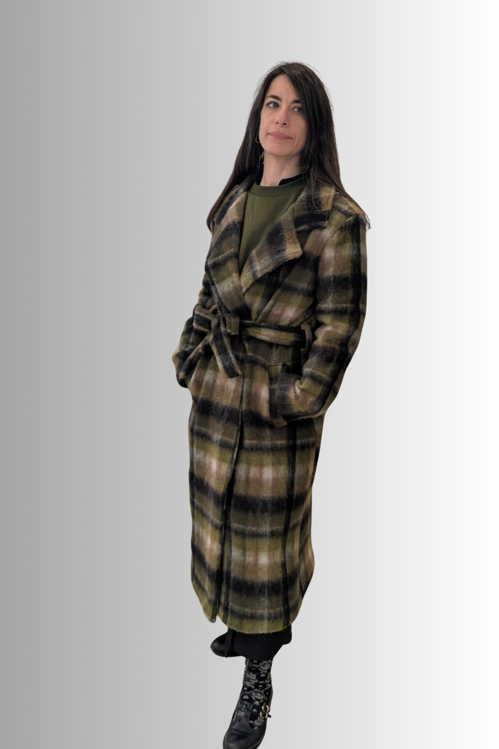 Cappotto lungo a quadri in misto lana con cintura
