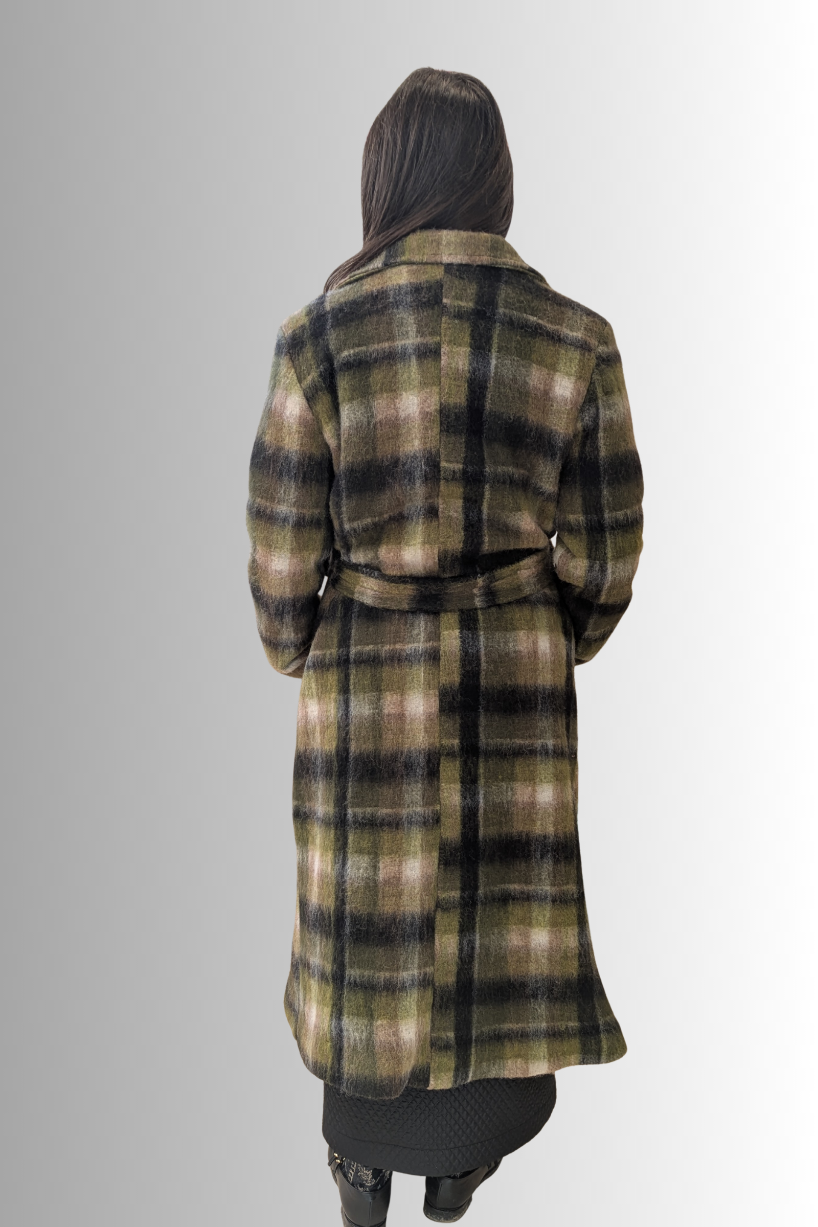 Cappotto lungo a quadri in misto lana con cintura