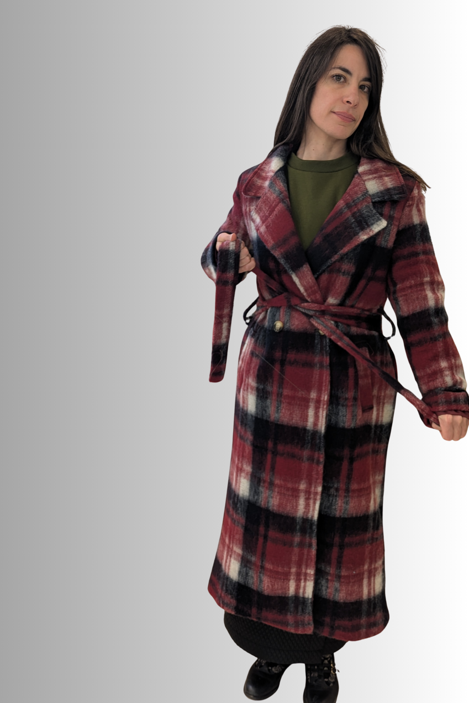 Cappotto lungo a quadri in misto lana con cintura