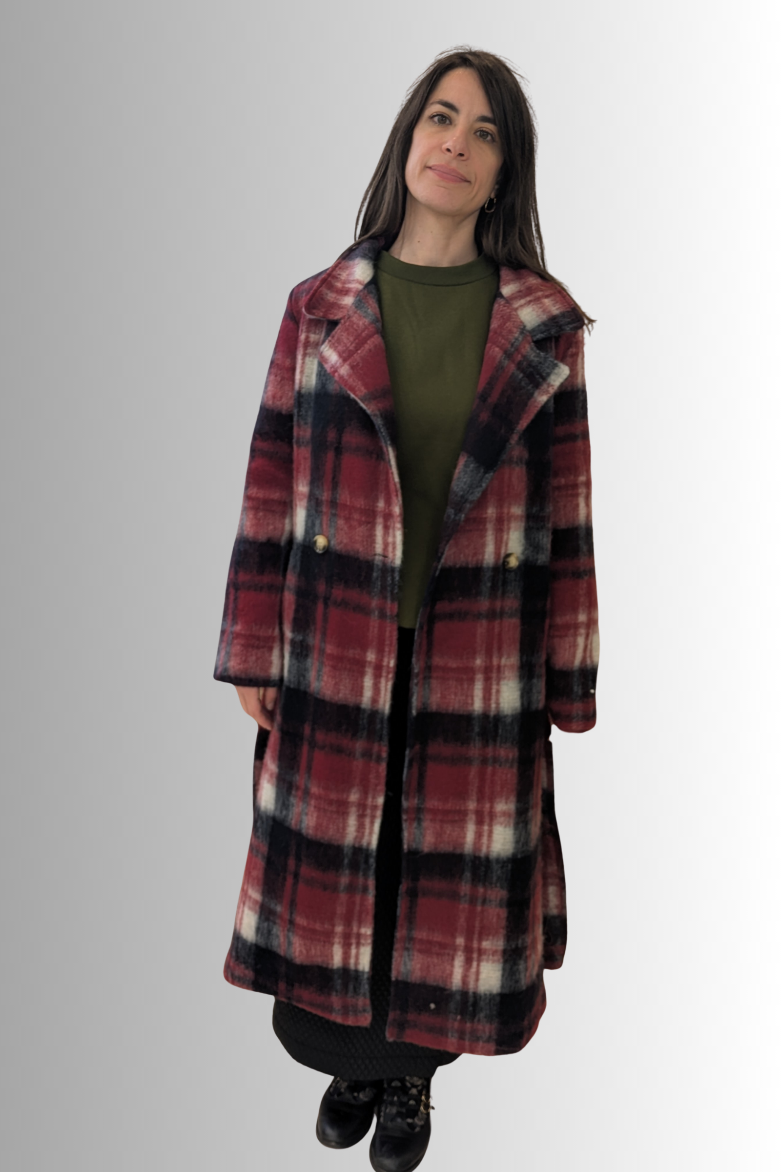 Cappotto lungo a quadri in misto lana con cintura