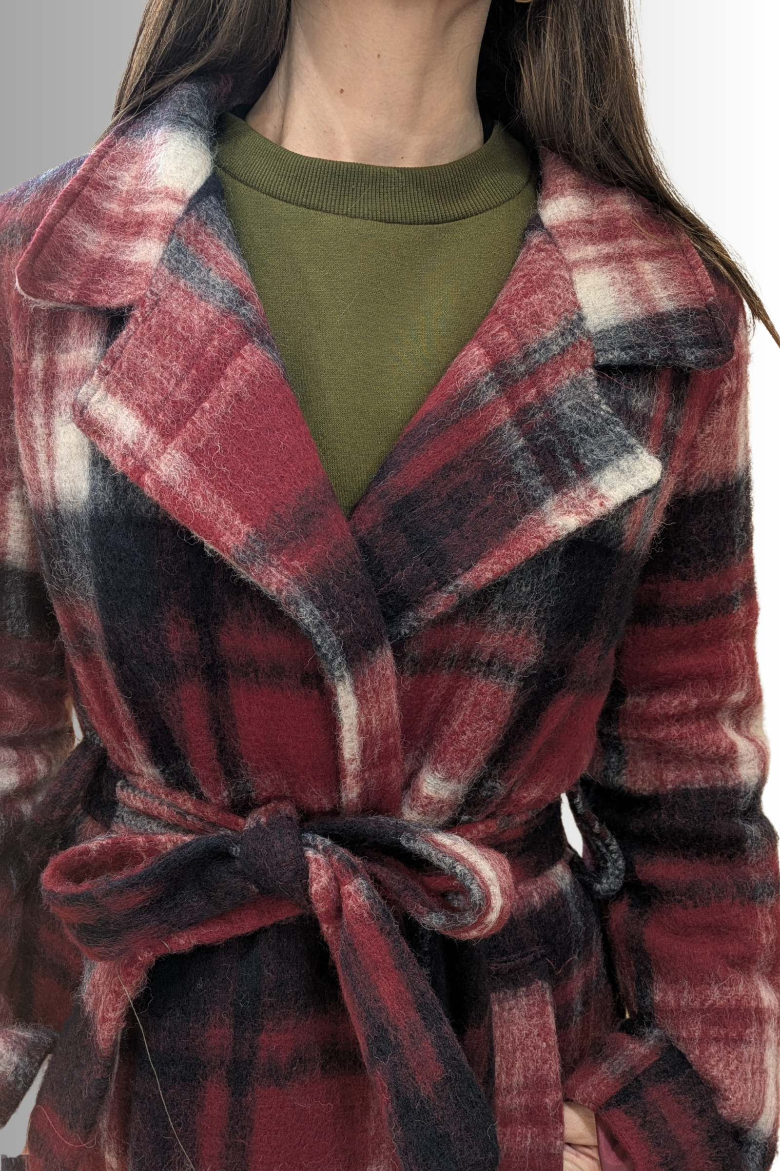 Cappotto lungo a quadri in misto lana con cintura