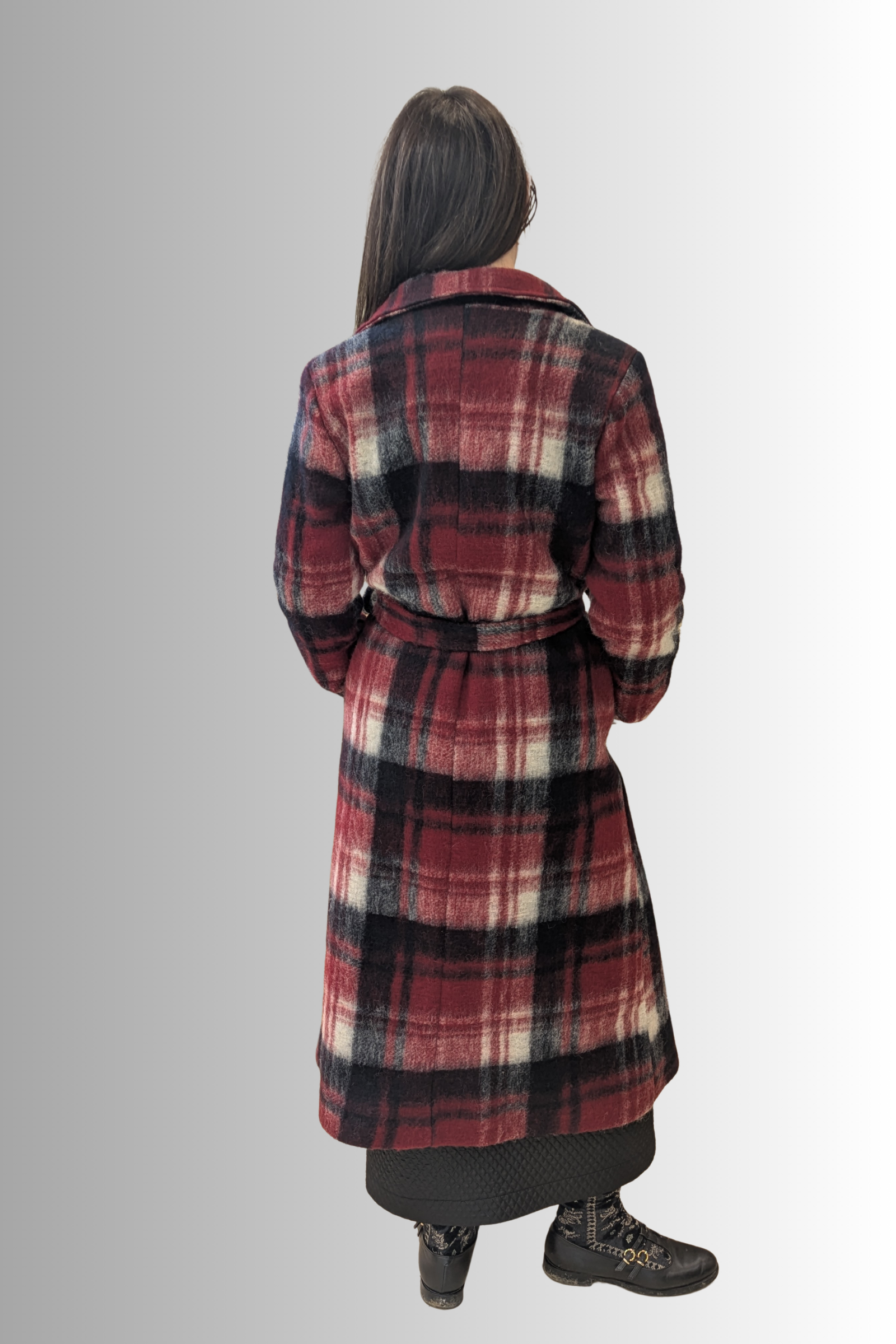Cappotto lungo a quadri in misto lana con cintura