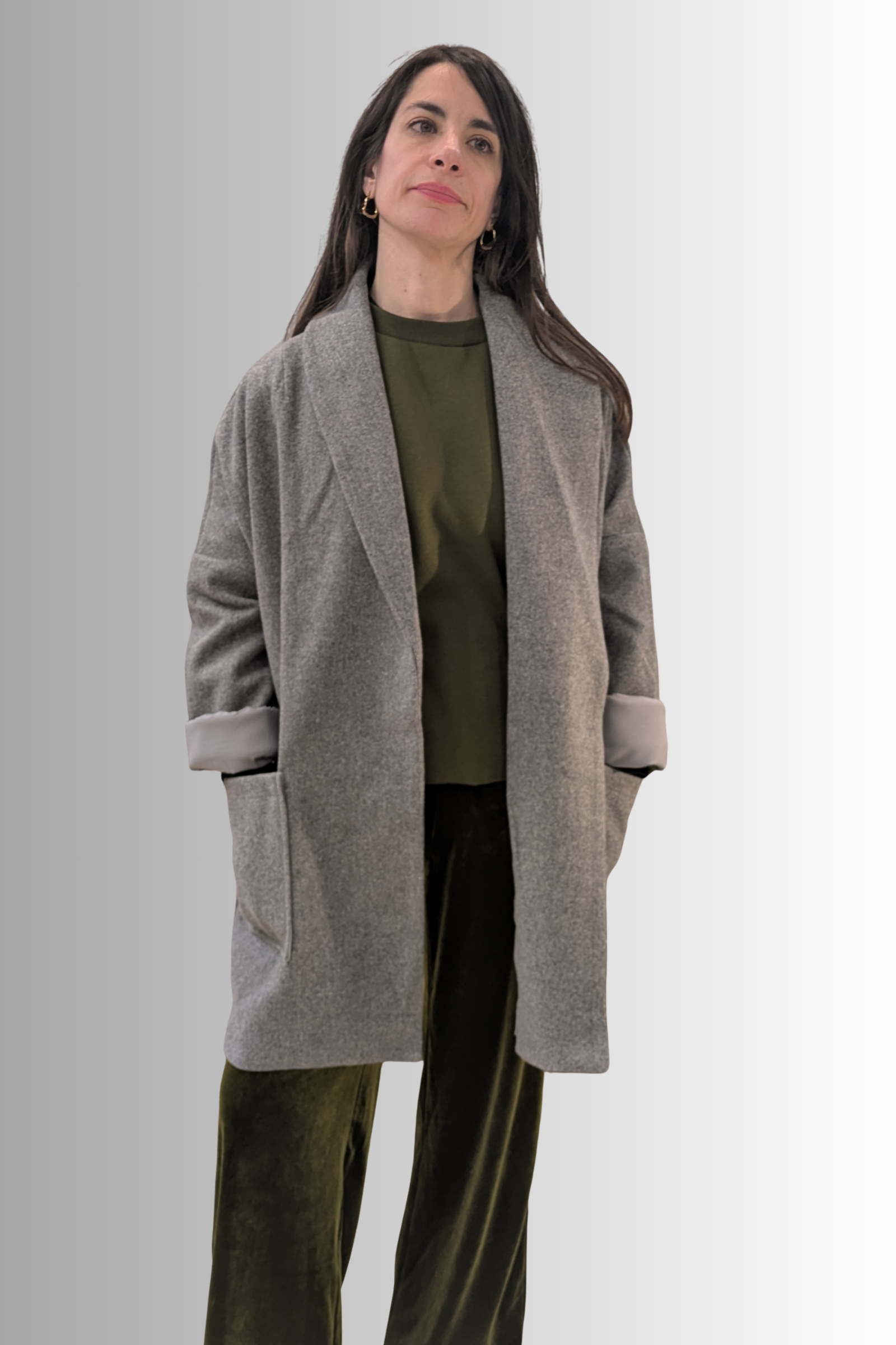 Cappotto grigio con collo a scialle e cintura – Compañía Fantástica