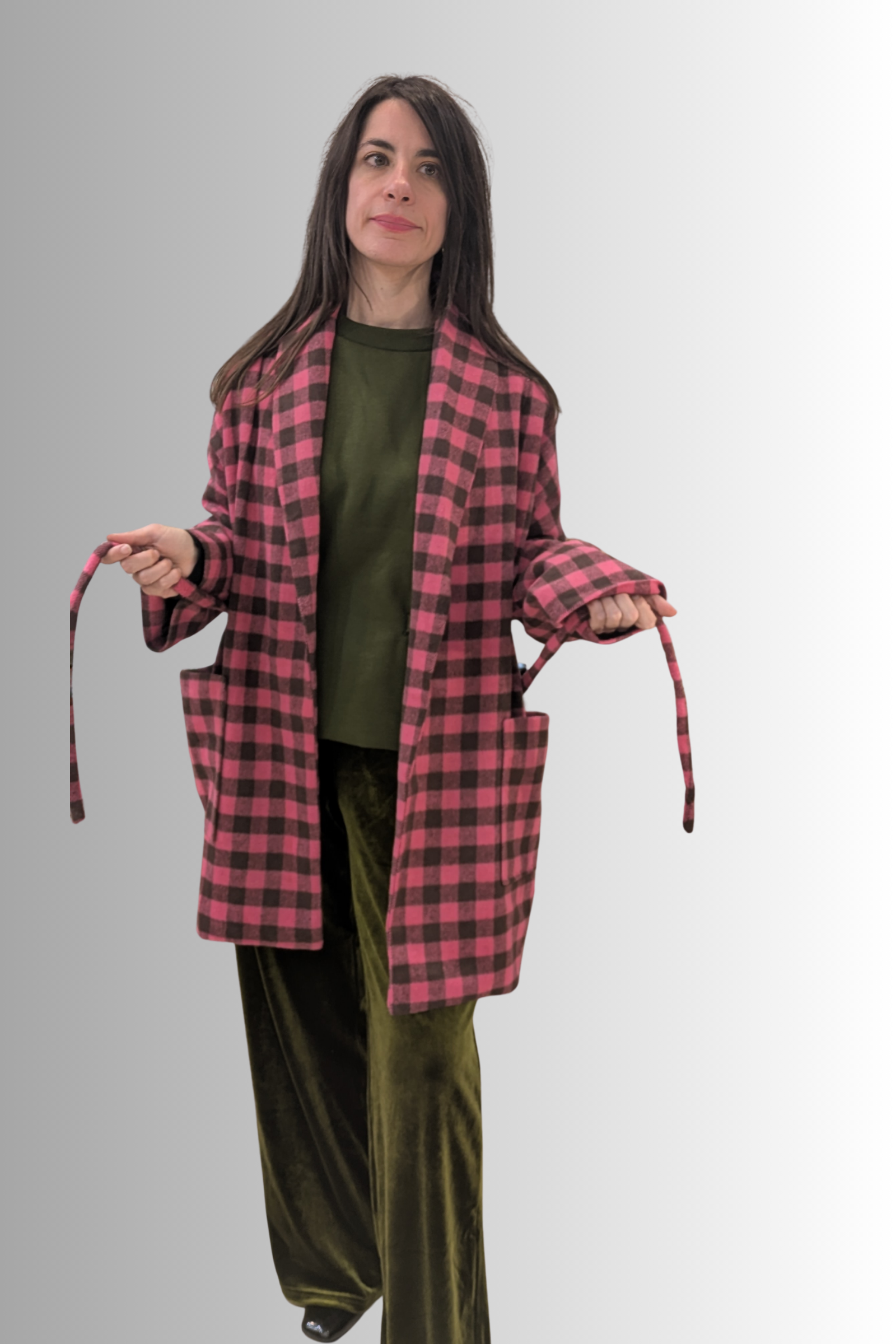 Cappotto a quadri rosa e marrone con cintura – Compañía Fantástica