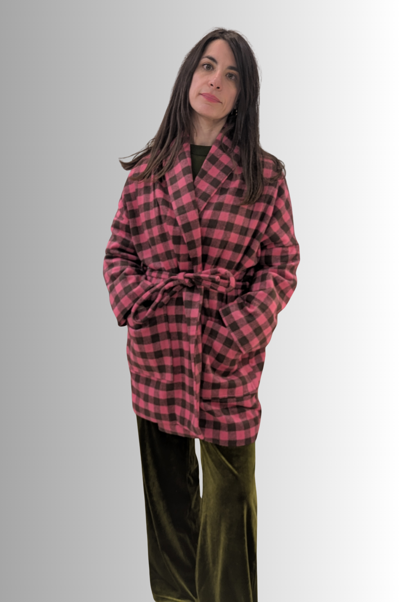 Cappotto a quadri rosa e marrone con cintura – Compañía Fantástica