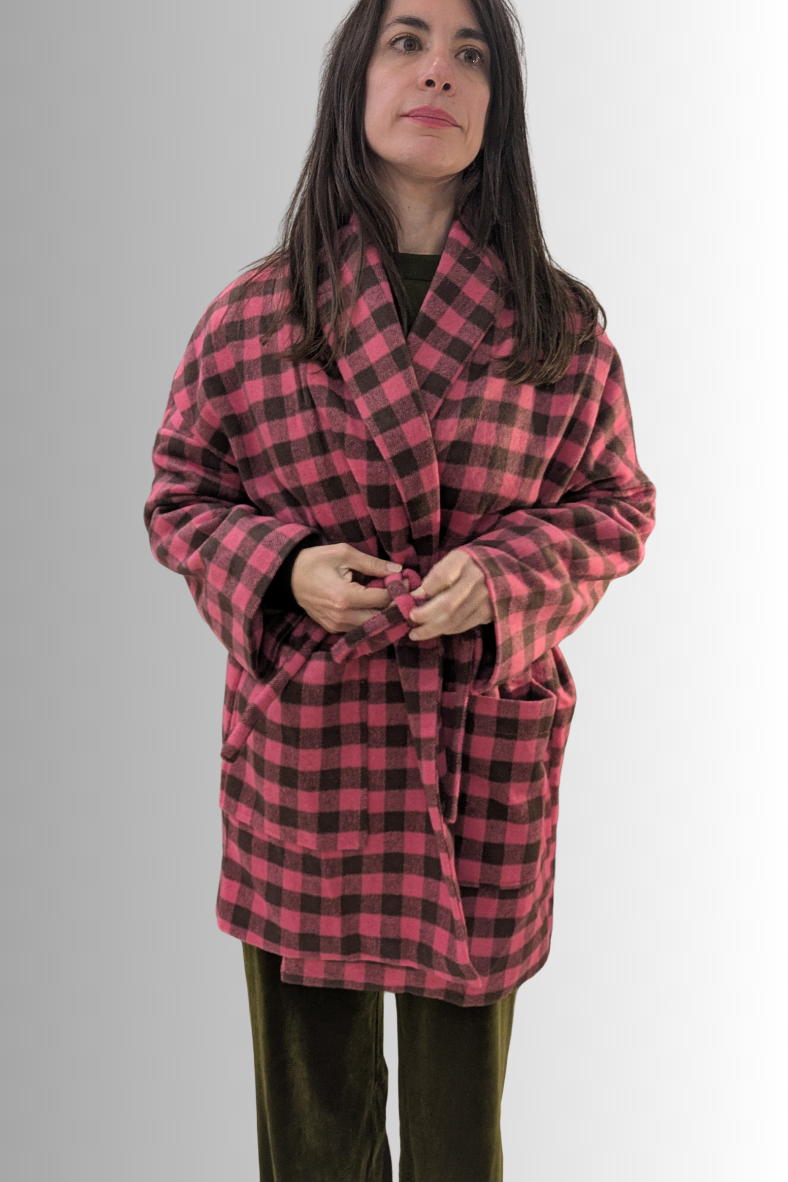 Cappotto a quadri rosa e marrone con cintura – Compañía Fantástica