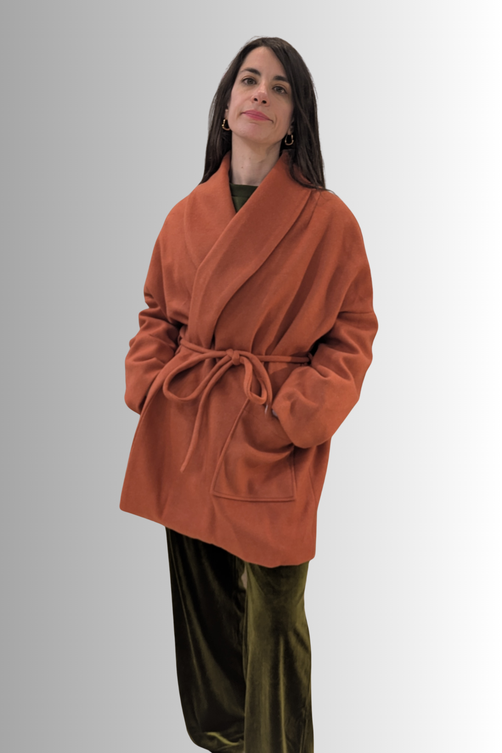 Cappotto ruggine con collo a scialle e cintura – Compañía Fantástica
