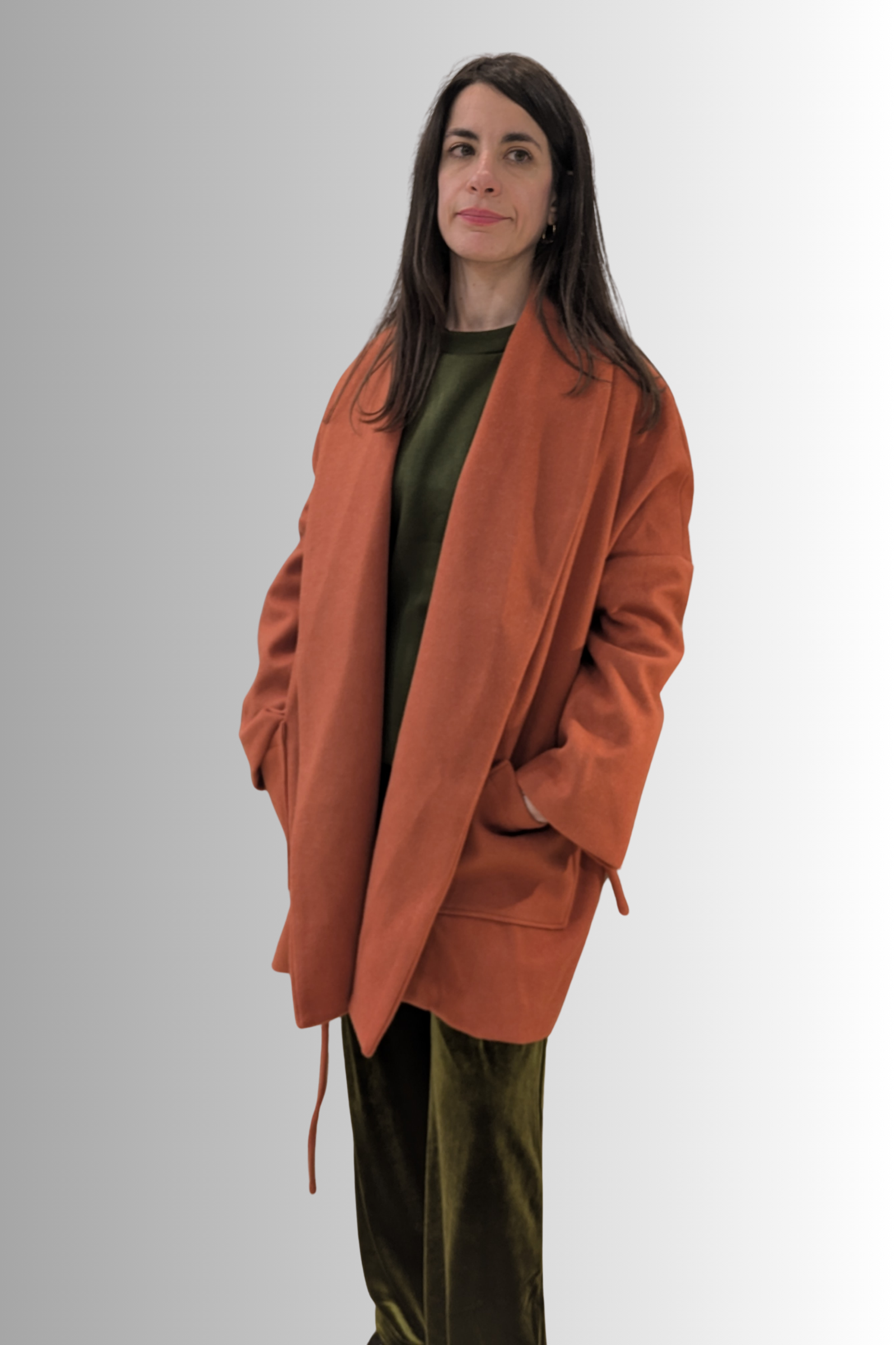 Cappotto ruggine con collo a scialle e cintura – Compañía Fantástica