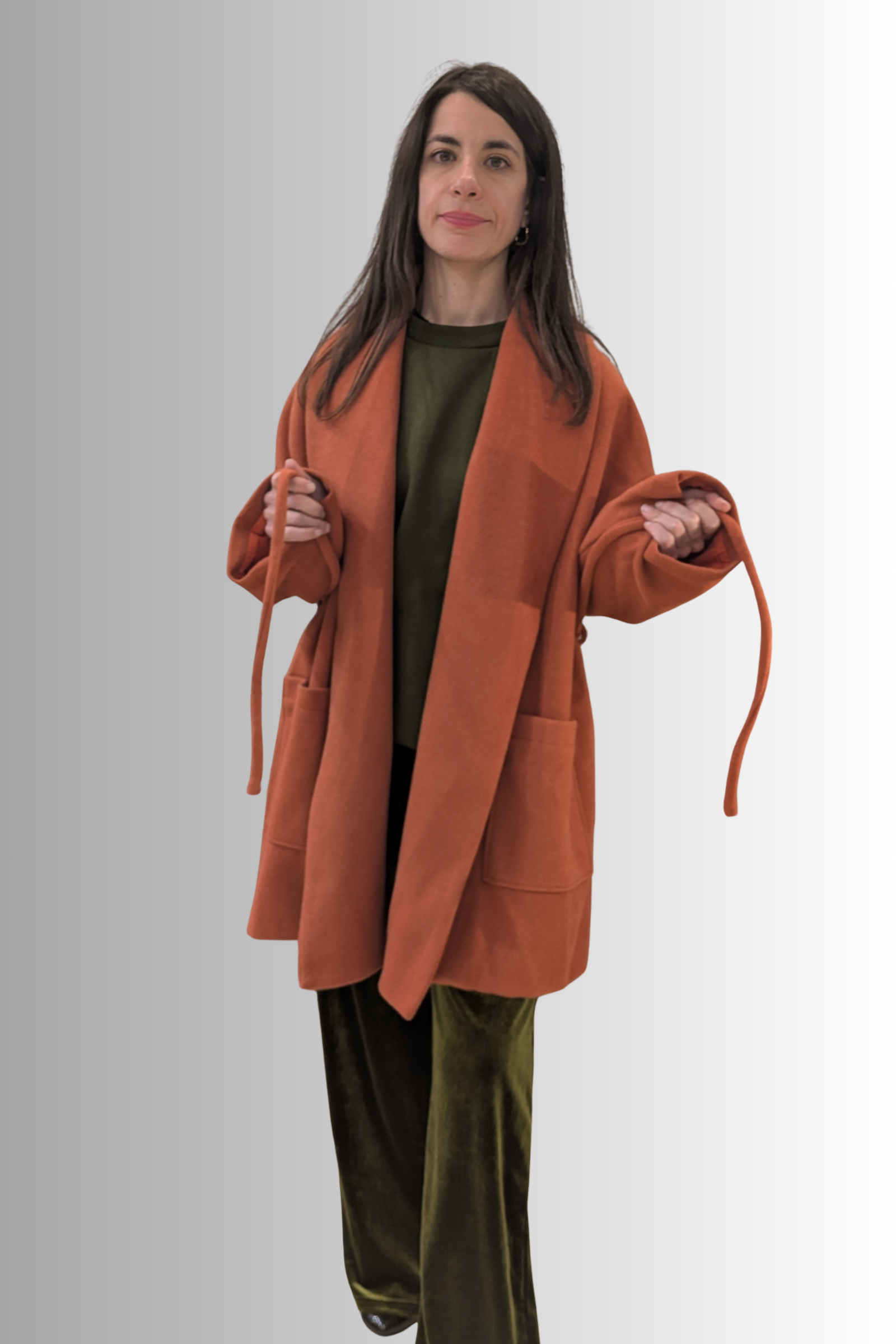 Cappotto ruggine con collo a scialle e cintura – Compañía Fantástica