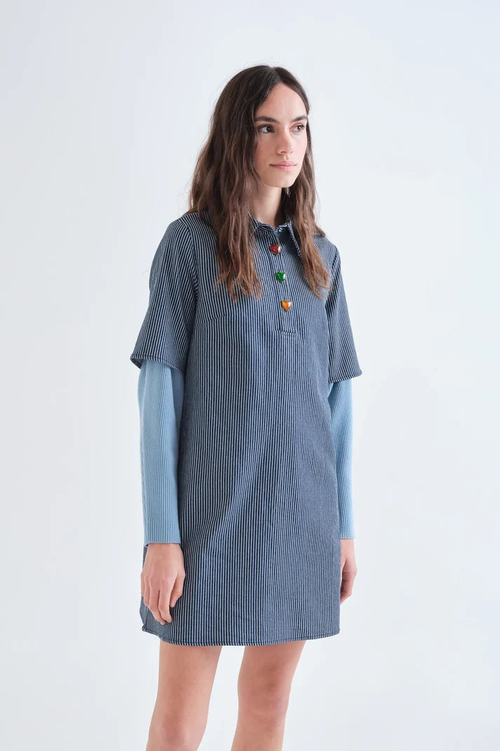 ABITO CORTO IN DENIM A RIGHE BLU E BIANCHE