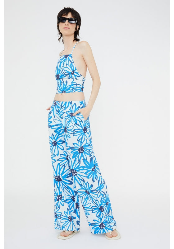 PANTALONE LARGO CON STAMPA FIORI BLU
