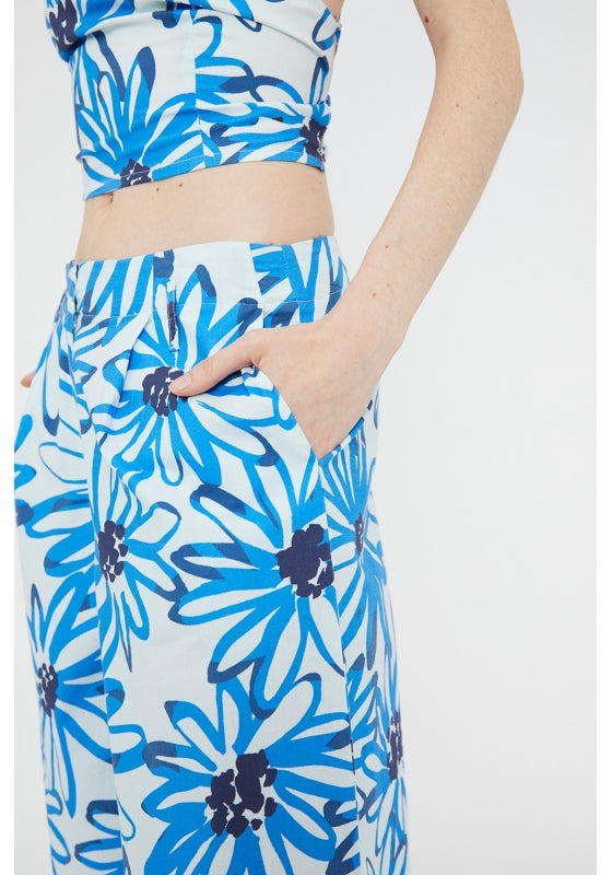 PANTALONE LARGO CON STAMPA FIORI BLU