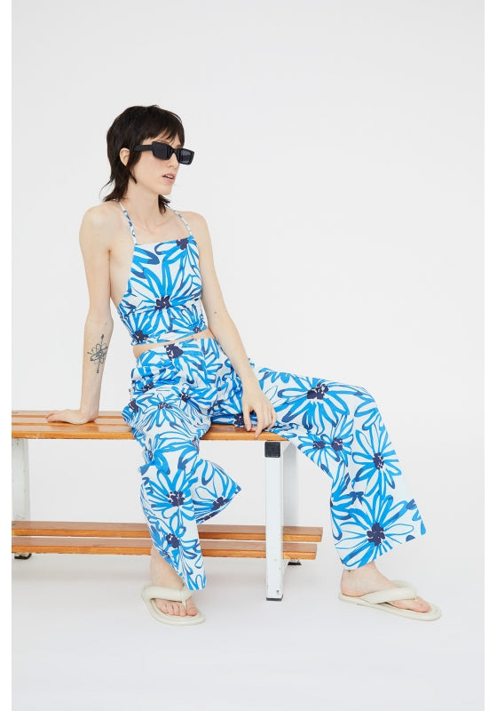 PANTALONE LARGO CON STAMPA FIORI BLU